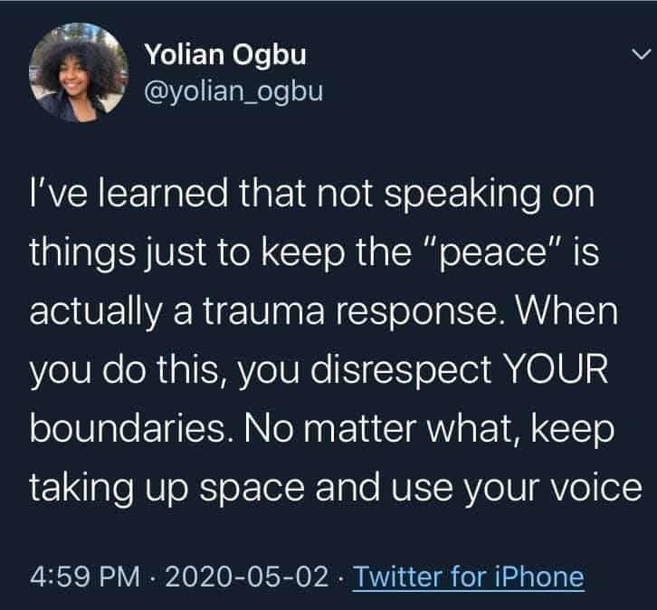 The meme is a screenshot of a tweet from a Twitter user named "Yolé" (not actually named Yolé, but a pseudonym). The tweet reads: "I've learned that I don't have to explain myself to anyone. I don't owe anyone a reason for my actions. I don't have to justify my feelings. I don't have to explain my boundaries. I don't have to do anything to anyone. I am enough."